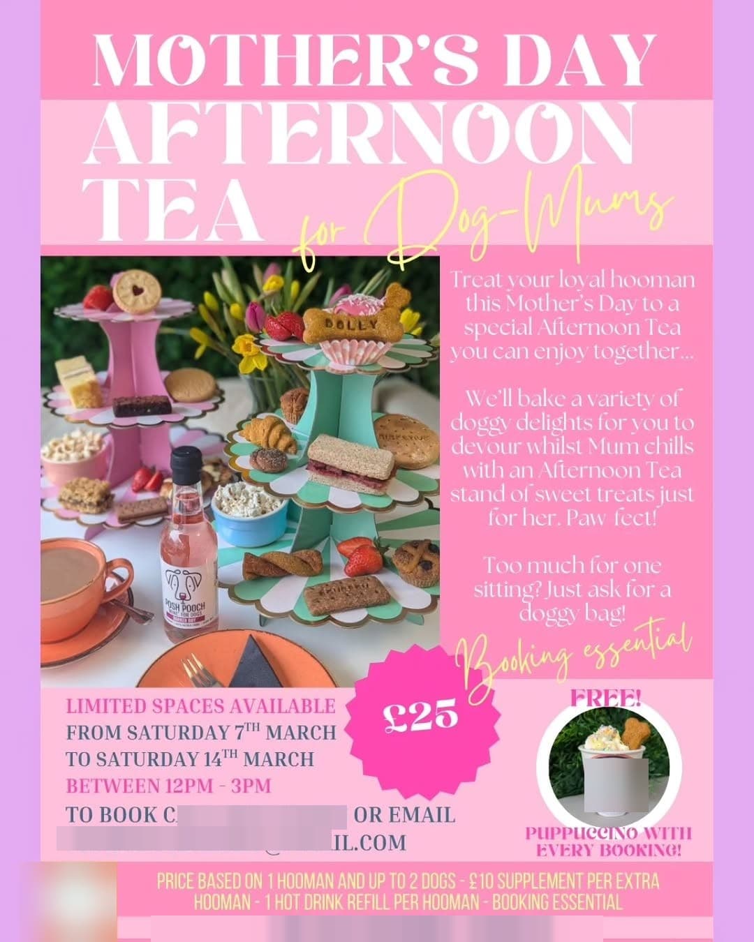 A doggy afternoon tea stand with a BOLLY biscuit and a Puppuccino cup