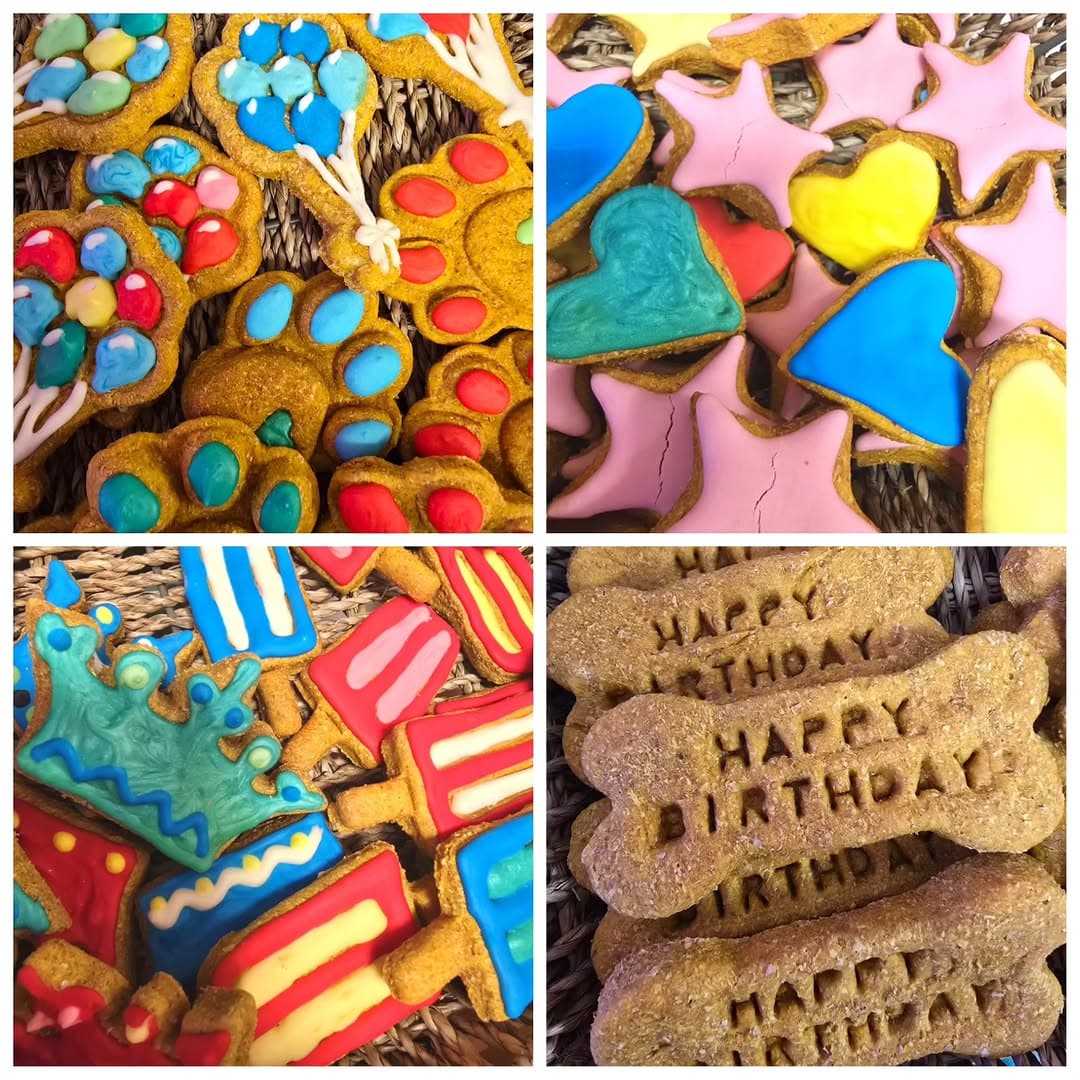 An assortment of iced biscuits — paws, hearts, a crown and HAPPY BIRTHDAY bones